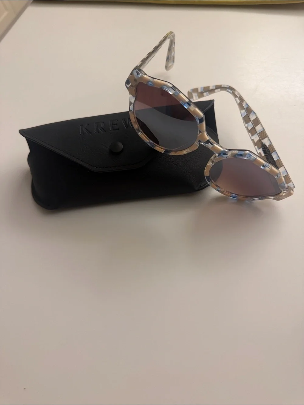 KREWE Cream and Blue Check Round Sunglasses
